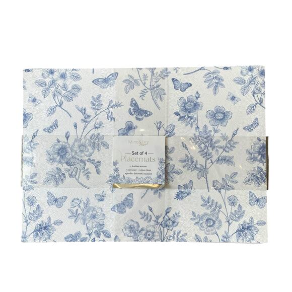 Mint & Ivy Faux Leather Placemats 13x18 Blue & White Floral Butterfly Set of 4 - Picture 1 of 10